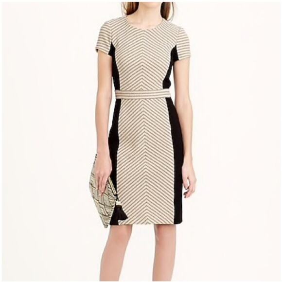 J. Crew Tweed Colorblock Chevron Short Sleeve Dress Tan Black C6918 Size 8